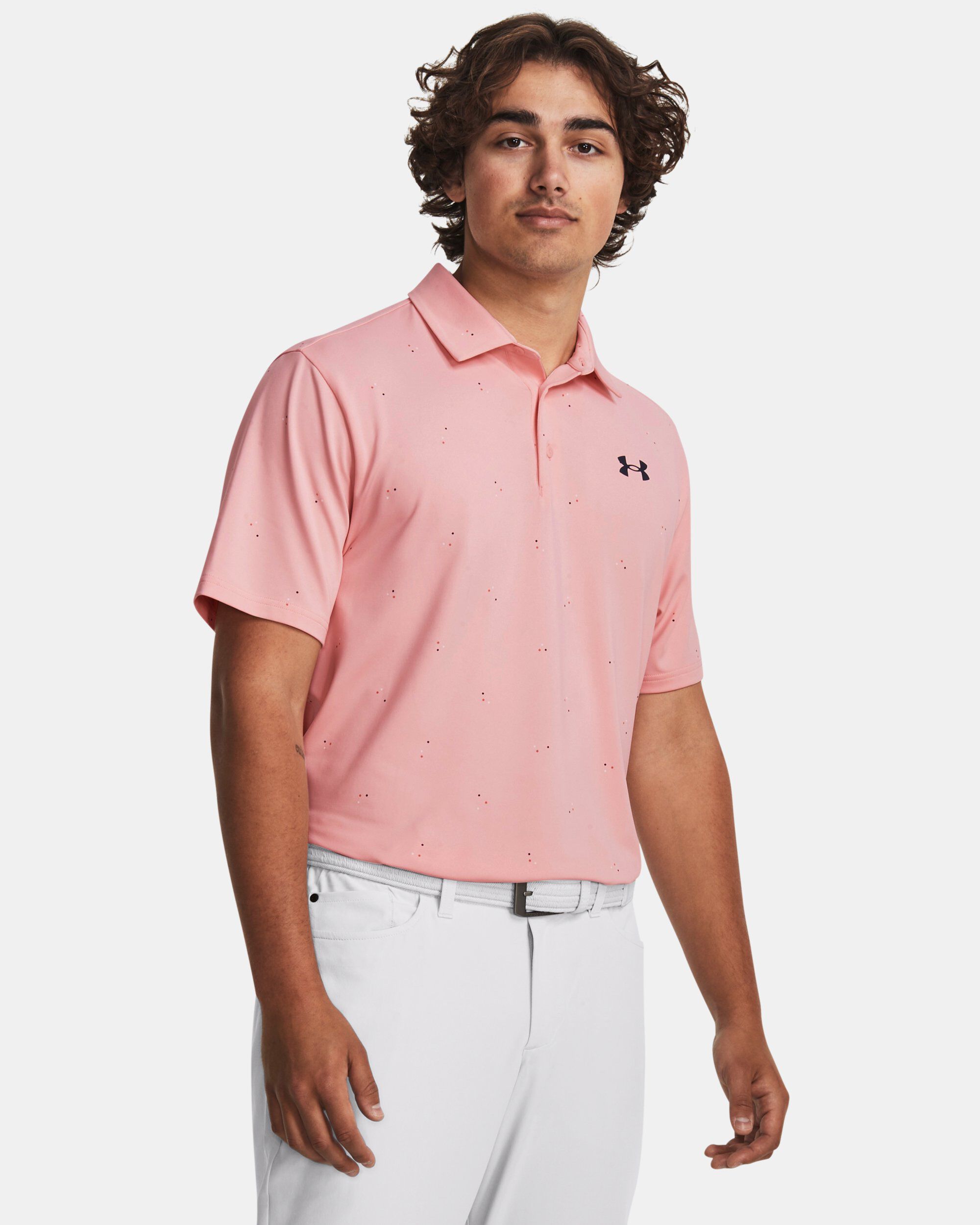 Men's under armour pink golf shirt sales
