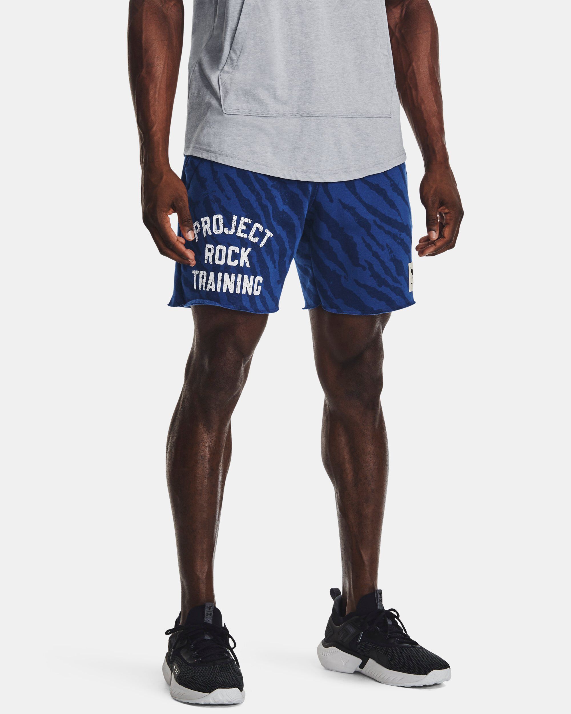 Under Armour Men s Project Rock Rival Fleece Printed Shorts Blue
